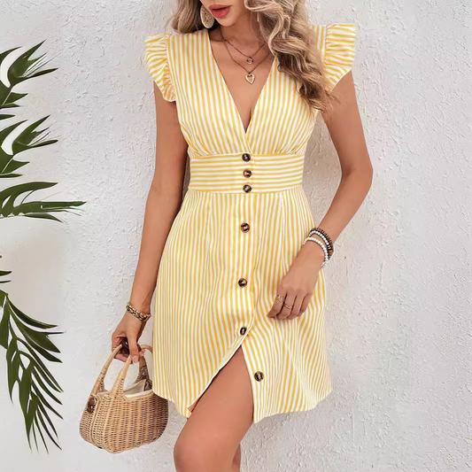 "ELEGANZA ESTIVA : VESTITO MONOPETTO A RIGHE CON SCOLLO A V E MANICHE A PALLONCINO"